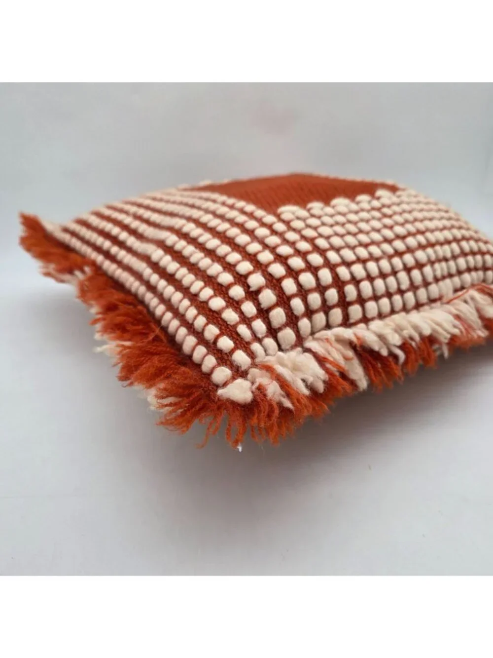 MCM Woven Decorative Throw Pillow Fringe Edges Burnt Orange & Cream Boho 1960s